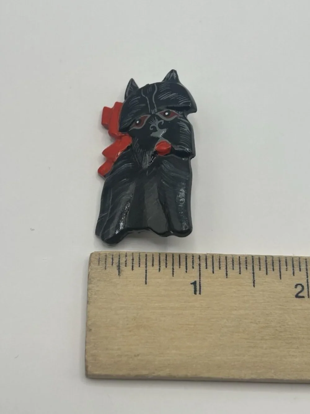 Scottish Terrier Brooch Carved Wood Hand Painted Scottie Dog Pin Red Bow Art Fun